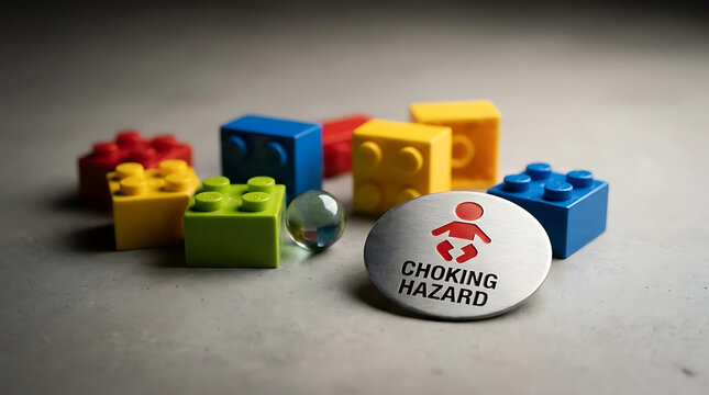 Child safety warning choking hazard with colorful building blocks indoor play area educational content engaging environment close-up view