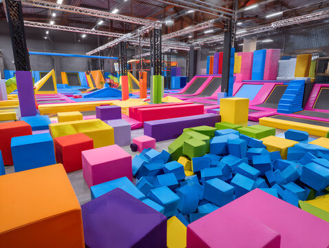 A colorful trampoline park indoors with a ninja park and foam pits, designed for entertainment, fitness, and recreation. Banner.