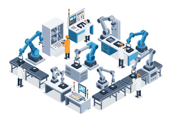 An isometric illustration of an automated semiconductor factory with robotic arms conveyor belts and technicians © Vector Graphic