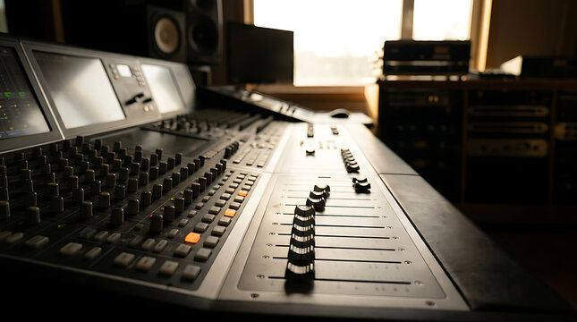 Mixing soundtracks in a professional studio music production audio equipment urban environment close-up view creative process unleashed