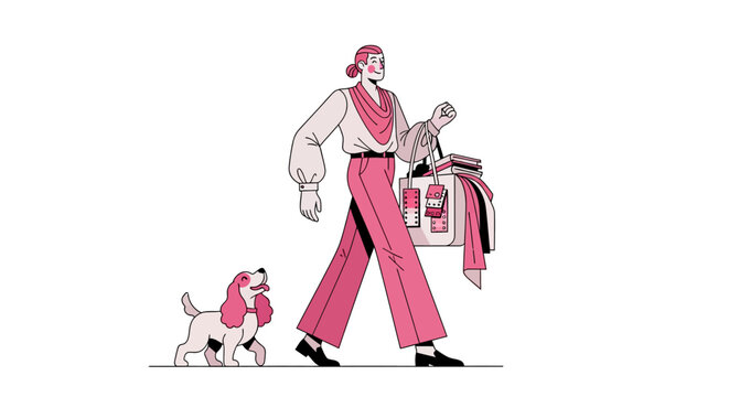 Woman walking a poodle with shopping bags.