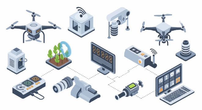 Collection of isometric icons representing modern technology and automation in agriculture and industry.