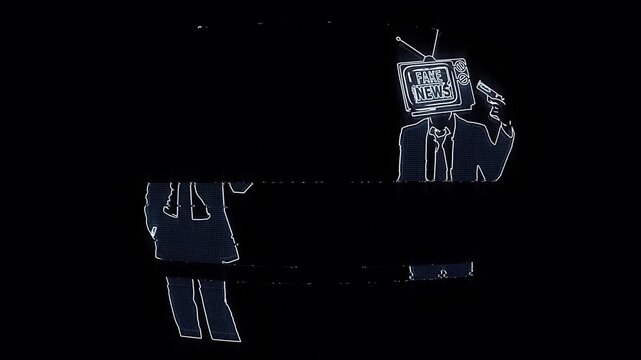 Fake News Concept Animation with Glitch TV Head Man in Suit Holding Gun to His Head