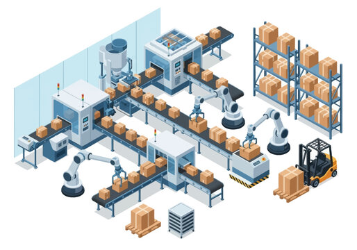 Isometric industrial facility featuring robotic assembly lines conveyor belts cardboard boxes and storage racks