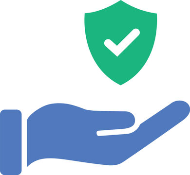 Green protection shield icon with blue hand for health insurance, safety guarantee and verified medical security service