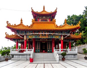 Obraz premium A traditional Asian temple with ornate orange roofs and red pillars