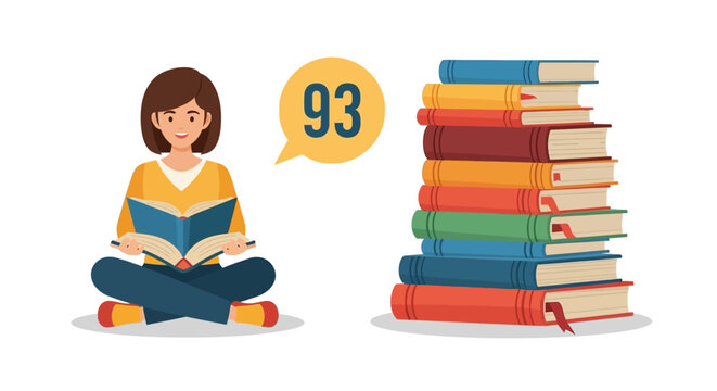 Young Woman Reading Books with Number 93 Speech Bubble