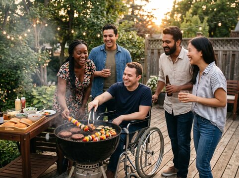 Diverse Group of Friends Socializing Outdoor BBQ on Deck with Wheelchair Accessible Man Grilling