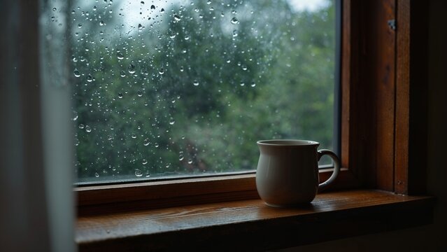 Cozy wooden windowsill with a hot mug of coffee during a gentle rainy day, selective focus on raindrops on window pane