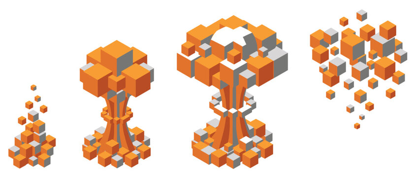 Isometric voxel 3D pixel art mushroom cloud vector illustration set showing atomic explosion sequence with orange and grey cube blocks.