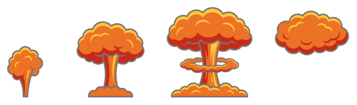 Colorful flat cartoon mushroom cloud vector illustration set depicting atomic blast sequence stages and nuclear explosion smoke evolution.