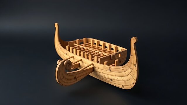 trireme. Detailed wooden model of an ancient trireme warship with rows of oars. mobility guides, transit brochures, designed for transport & logistics marketing, clarifies navigation.