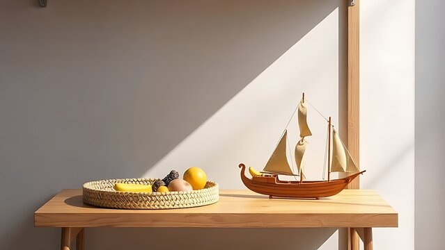 dhow. Maldives souvenir display with miniature dhow boat and tropical fruit platter, travel decor. tourism brochures, itinerary planners, designed for travel destination branding.