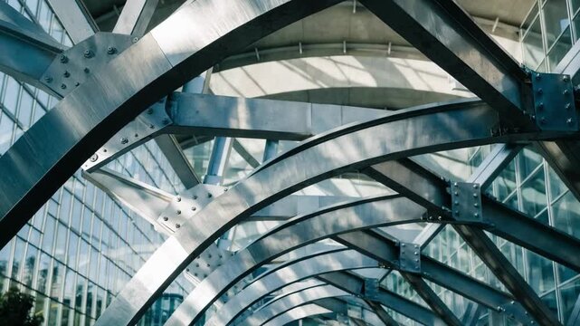 Medium shot focusing on cambered metal trusses emphasizing the curved design elements intended for enhanced load distribution in commercial construction.