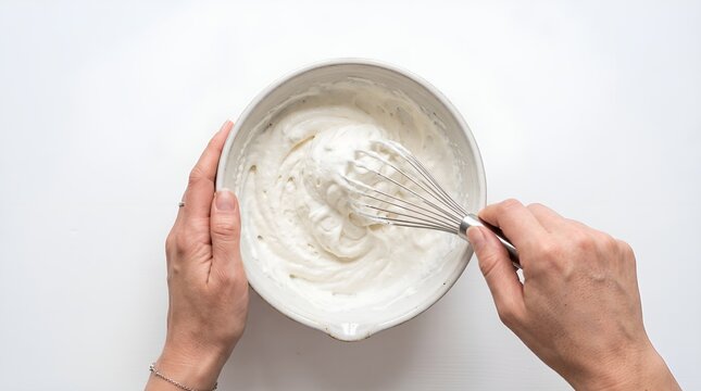 Hand whipping white cream on plastic bowl against white background food festival concept ideas