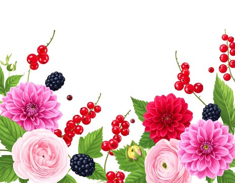 A vibrant floral arrangement featuring pink roses, red dahlias, and green leaves adorned with red currants and blackberries
