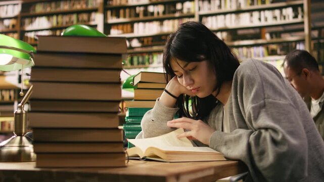 Focused woman student reading open book beside stack of books in library, study session with coursework under warm lighting, Quiet reading room environment for learning, with assignment and research.