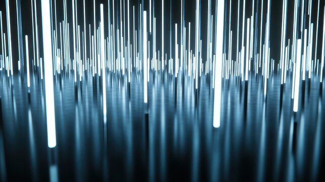 Dynamic scene of glowing blue vertical light beams
