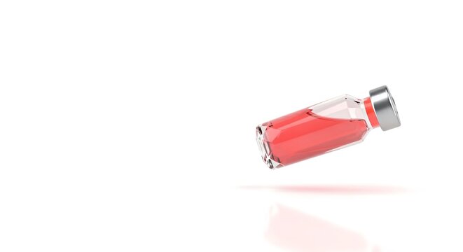 Floating glass medical vial with red liquid inside isolated on white. 3D render perfect for blood test concepts, vaccines, cosmetic serums, and pharmaceutical packaging designs.
