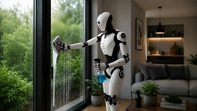 Realistic domestic robot washing and wiping a large glass window pane, futuristic smart home household maintenance and cleaning automation concept