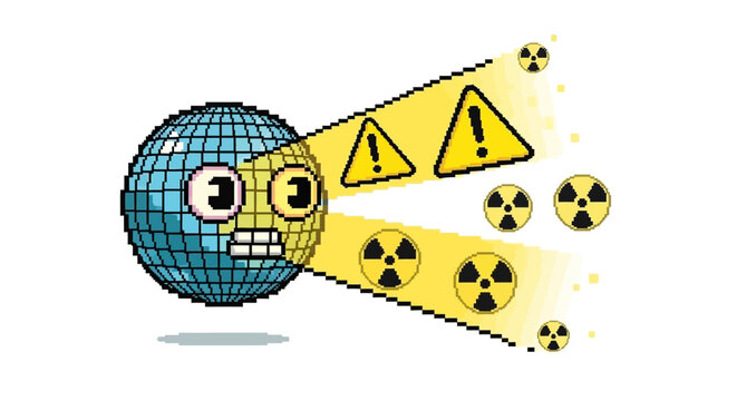 Planet Earth with a distressed face bombarded by radiation symbols and warning signs.