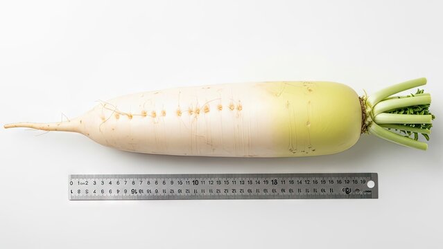 Large white daikon radish next to a measuring ruler.