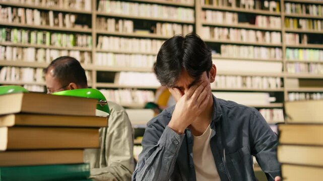 Exhausted asian student leans on one hand while reading open book in library, framed by stacks and green lamps during demanding study session at wooden desk.