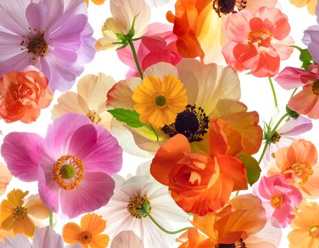 A vibrant floral arrangement of colorful flowers on a white background