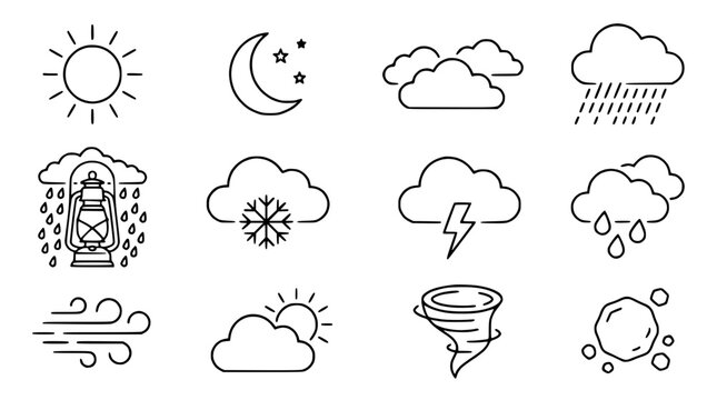 Weather Icons Collection: Sun, Moon, Clouds, Rain, Snow, Storm, Wind, Tornado