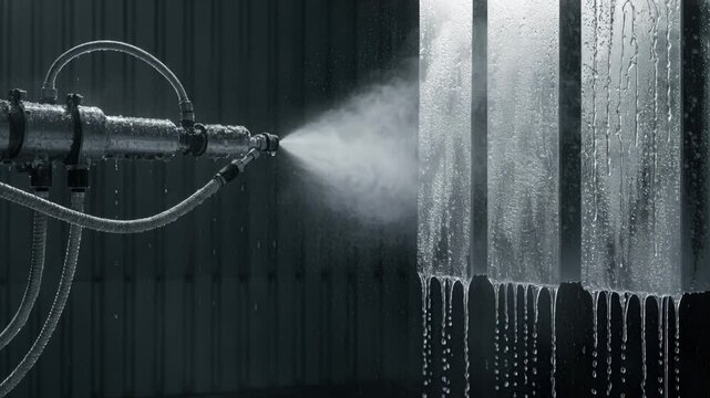 Medium shot of an automated spray booth applying cuttingedge selfhealing nanocoatings to metal sheets showcasing seamless surface protection and advanced manufacturing technology.