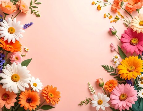 A vibrant floral arrangement on a soft pink background with white, orange, yellow, and pink flowers