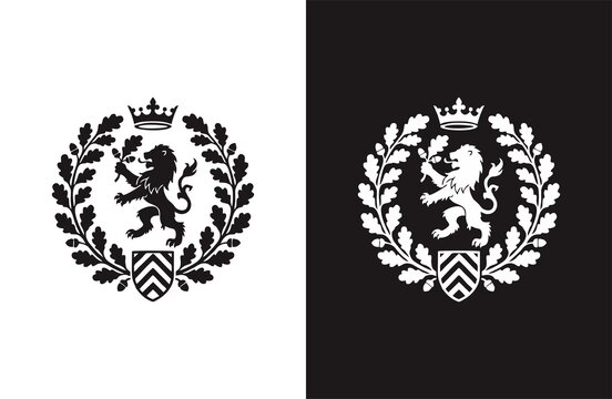 Royal Lion Heraldic Crest with Crown and Oak Wreath Vector Emblem