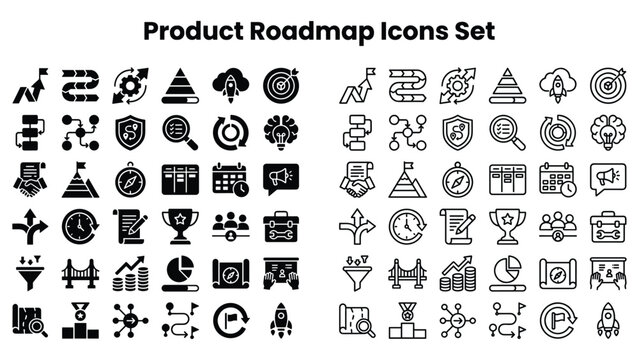 Product roadmap icons set features business strategy symbols