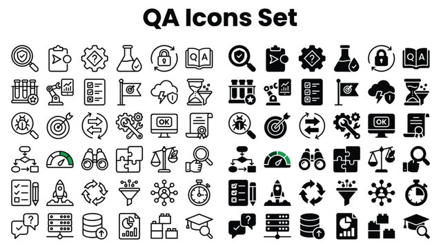 QA Icons Set Features Various Symbols and Graphics for Technology