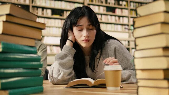 Tired student struggling while reading open book for exam preparation, stress and fatigue at university library, Quiet library study session with intense burnout during coursework.