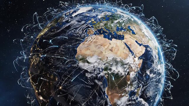 Global Network Connections Animation - Earth Orbiting with Light Trails