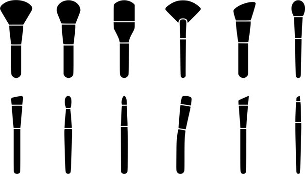 Makeup brush silhouette icon set, flat black glyph style, pure white background