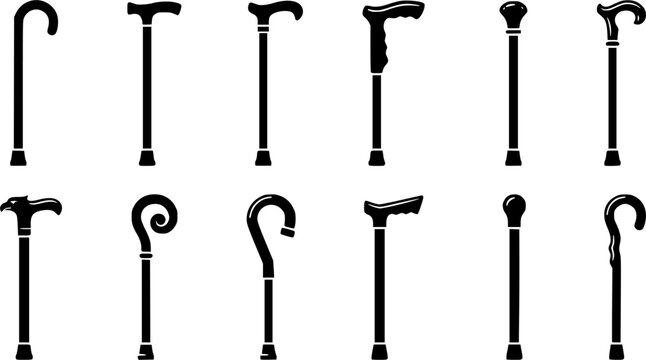 Walking cane silhouette icon set, flat black glyph style, pure white background
