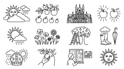 Obraz premium Seasonal Icons: Weather, Harvest, Architecture, and Nature Line Art Collection