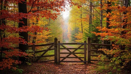 Wooden gate on path through vibrant autumn forest. © Sada
