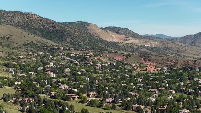 Aerial of North Ken Caryl Valley residential community in foothills in Littleton Colorado in spring time