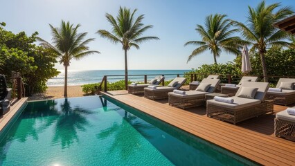 Fototapeta premium Luxury tropical infinity pool overlooking ocean with palm trees.