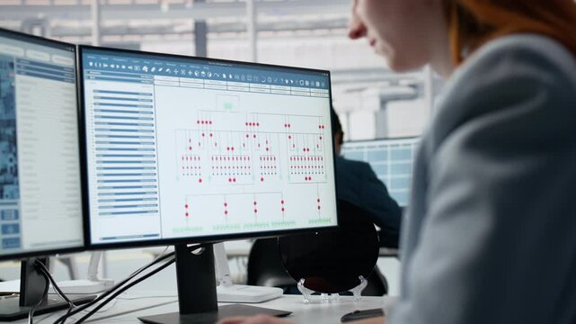 Woman analyzing PCB architecture with PC software close up in semiconductor factory office, monitoring microchip parts fabrication operations, computer and female engineer in R&D workspace.
