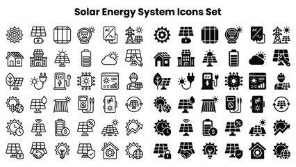 Solar energy system icons set for renewable power generation and eco friendly technology © Ube