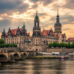 Naklejka premium Historic Dresden cityscape with Elbe river and bridge at sunset.