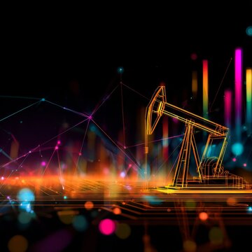 Innovative blend of traditional industry and futuristic digital signage. Smart grid. Technological and financial fusion: oil pump jack with illuminating graphs. Intelligent network.