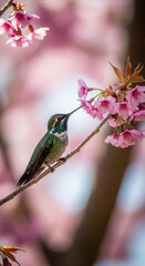 Fototapeta premium Hummingbird Perched on Cherry Blossom Branch in Spring.