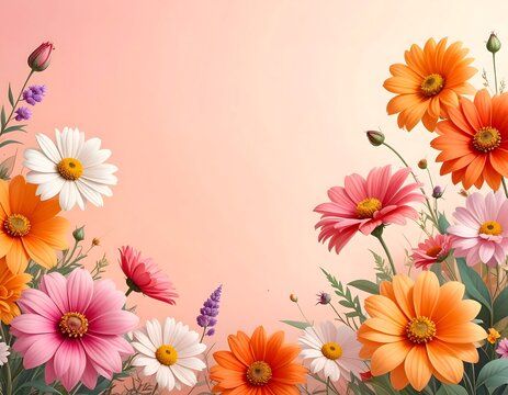 A vibrant floral arrangement with pink, orange, and white flowers against a gradient background