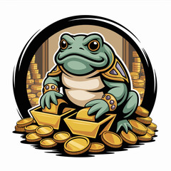 Illustration of a wealthy frog king on gold coins. © Tata