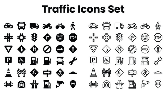 Traffic icons set includes various road signs and symbols